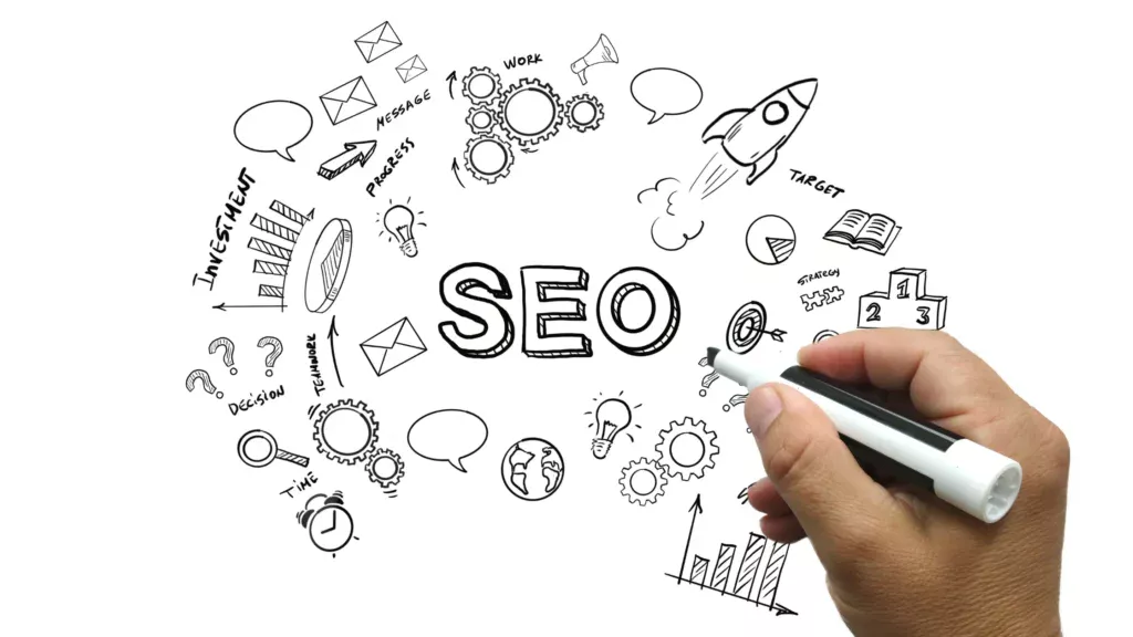 A hand drawing SEO strategy with icons representing investment, teamwork, and progress.