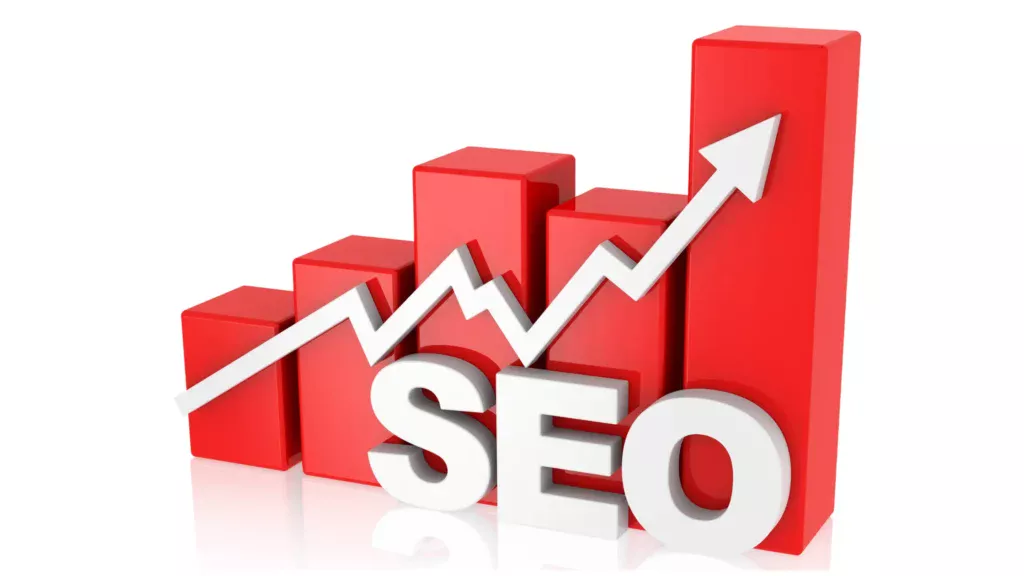 SEO-related growth chart with 3D blocks and upward arrows, emphasizing successful SEO outcomes.