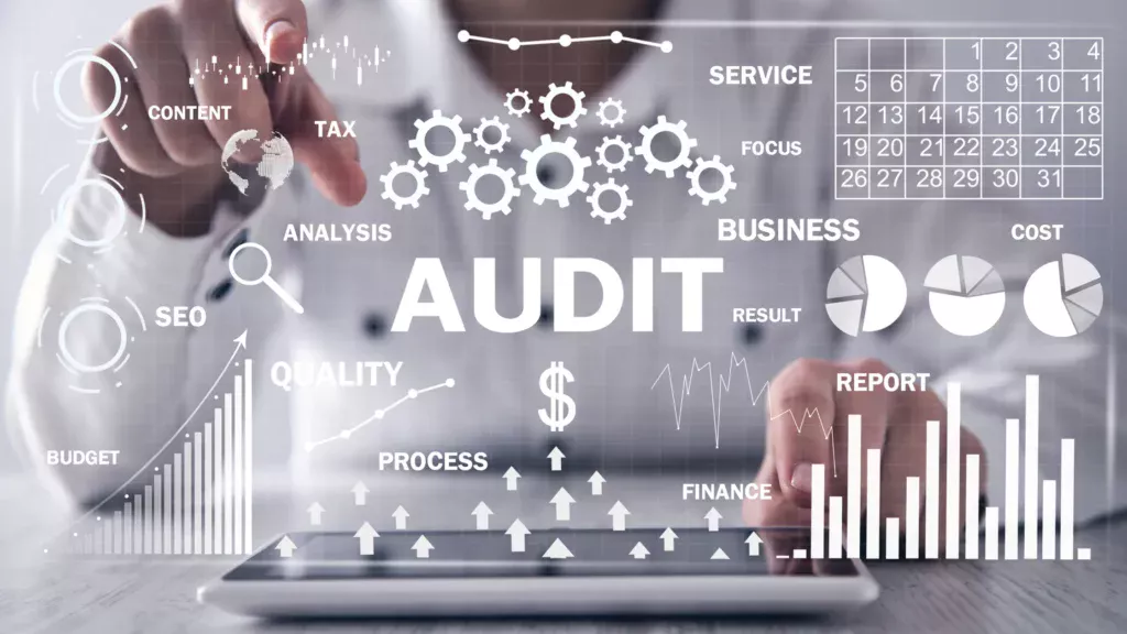 Digital marketing professional performing an SEO audit with various business analytics and charts.