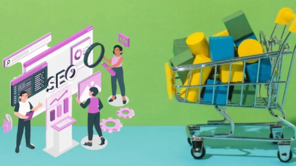 A visual representation of SEO work with a shopping cart in the background.
