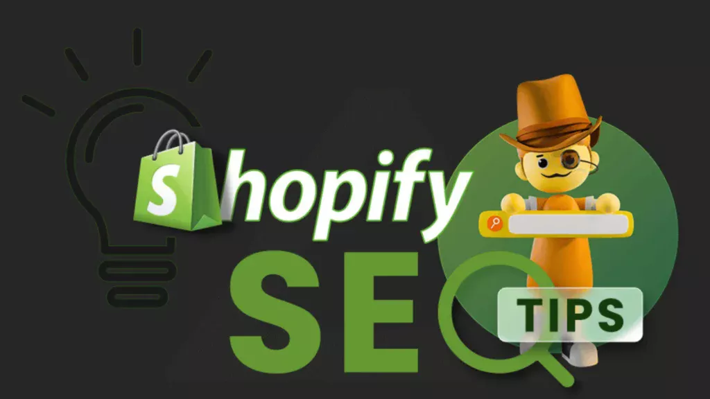 A 3D figure representing a Shopify SEO expert with tips for optimization.