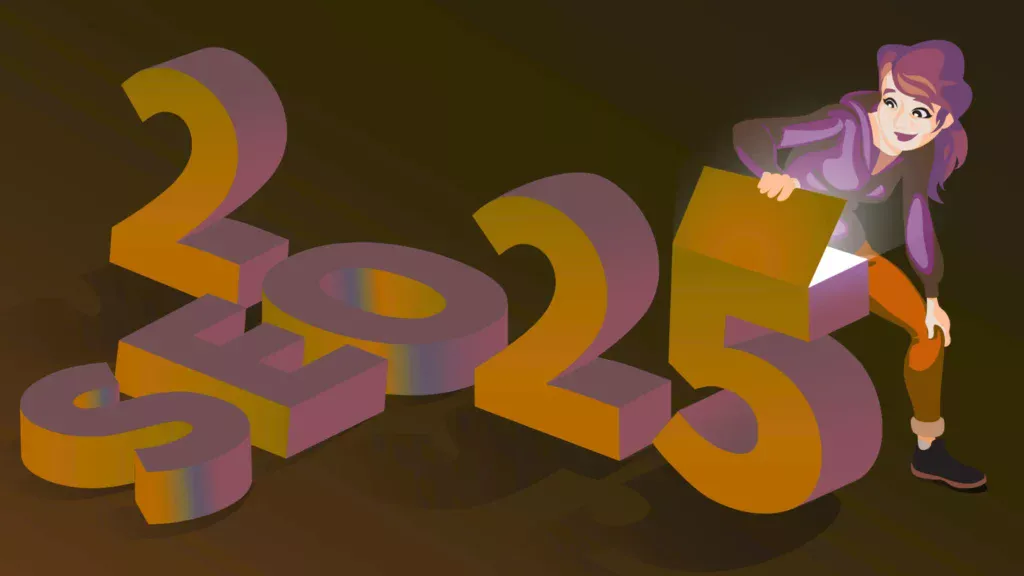 Shopify SEO guide with a person revealing a glowing box among 2025 numbers.